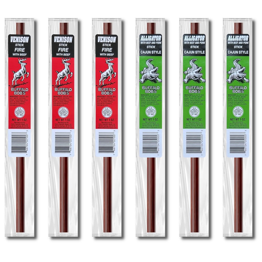 Buffalo Bob's Meat Sticks (Mixed 6 Pack) - 3 Venison Fire & 3 Alligtor Cajun