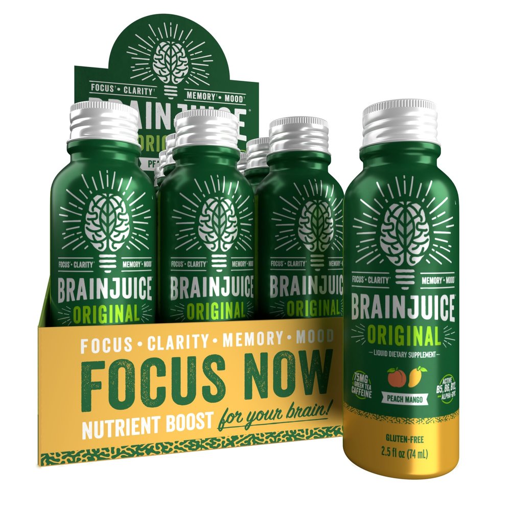 BrainJuice Brain Support Shot, Gluten Free Supplement Shots for Energy & Focus, Healthy Drinks with Alpha GPC, Vitamin B & Organic Green Tea Extract Caffeine, Peach Mango, 2.5 fl oz, 12 Pack