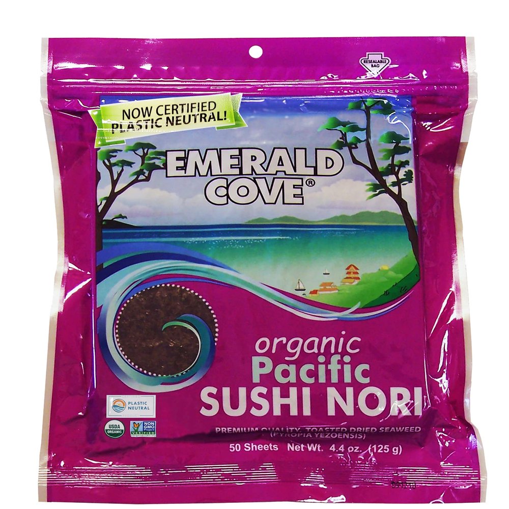Emerald Cove Organic Nori Sheets for Sushi, Onigiri, Wraps, Non-GMO, Roasted Nori, Resealable Package, Product of Korea, 50 Sheets (1 pack)