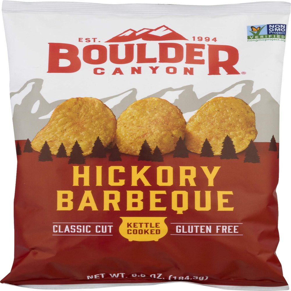Boulder Canyon Kettle Cooked Potato Chips, NON-GMO Verified, Gluten Free, Hickory Barbeque, 6.5 Ounce