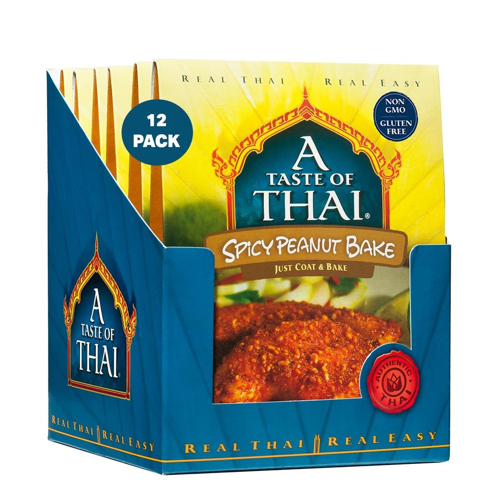 A Taste of Thai Spicy Peanut Bake  Authentic Thai Seasoned Coating Mix for Chicken, Fish & Pork  Gluten-Free & Non-GMO  Sweet & Spicy Peanut Crust  Bake, Air Fry or Grill  3.5 oz (Pack of 12)