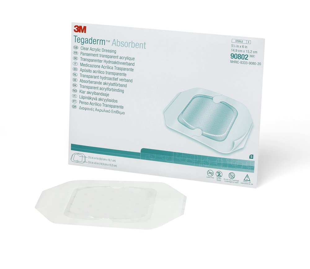 3M Tegaderm Absorbent Clear Acrylic Dressing, 90802, Oval, 5-7/8 in x 6 in (14.9 cm x 15.2 cm), 10/CAR, 4 CAR/CS