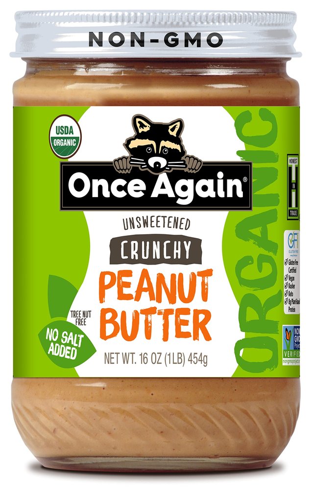 Once Again Organic Crunchy Peanut Butter No Sugar Added - Single Ingredient, Unsalted, Natural Peanut Butter No Palm Oil - Glass Jar, Non-GMO, Gluten Free - Chunky, Unsweetened - 1 Jar (16 oz)