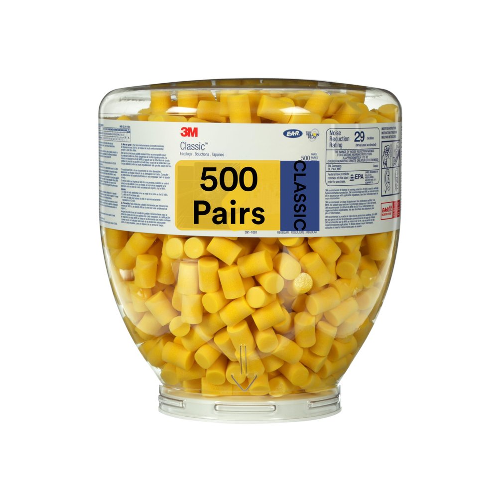3M Ear Plugs, E-A-R Classic One Touch Refill 391-1001, Bottle of 500 Pairs of Disposable Earplugs, Uncorded, Noise Reduction Rating 29 dB NRR, Foam, Regular Size, Roll Down, ANSI/ASA S12.71-2018