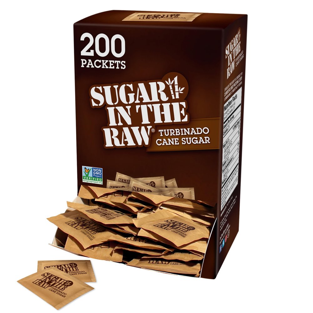In The Raw Turbinado Cane Sugar Packets, 200 Ct Box, 1 Pack, Pure, All-Natural Turbinado Sugar, Non-GMO Project Verified, Kosher, Vegan and Gluten Free