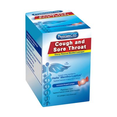 First Aid Only Case Pack - PhysiciansCare Cherry Flavored Cough/Sore Throat Lozenges, 12 Boxes of 50 Doses (600 Total)