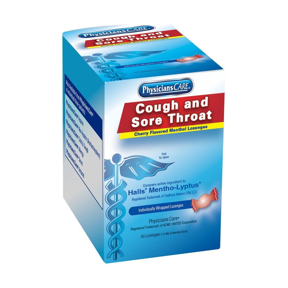 First Aid Only Case Pack - PhysiciansCare Cherry Flavored Cough/Sore Throat Lozenges, 12 Boxes of 50 Doses (600 Total)