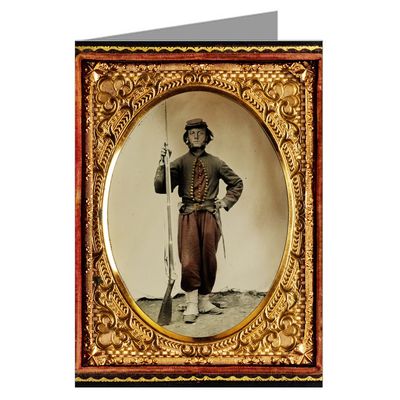 12 Vintage Notecards of Union soldier in zouave uniform with bayoneted musket with initials A.T. on stock from the Civil War