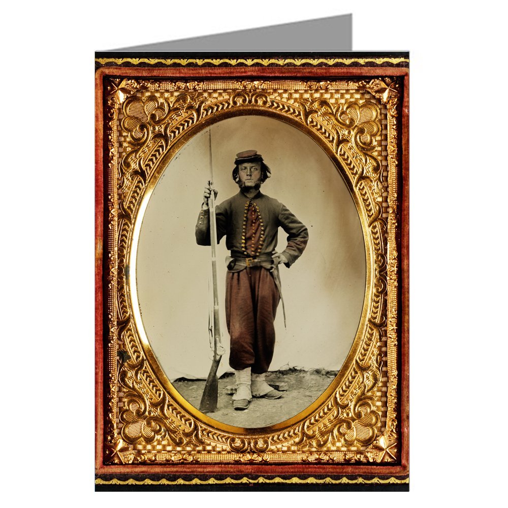 12 Vintage Notecards of Union soldier in zouave uniform with bayoneted musket with initials A.T. on stock from the Civil War