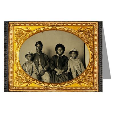 1 Vintage Greeting Cards of African American Soldier in Union Uniform with Wife and Two Daughters Ambrotype/Tintype from The Civil War