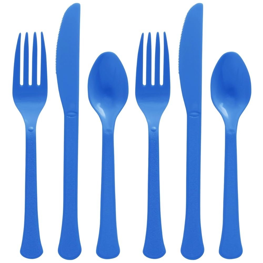Bright Royal Blue Plastic Heavy Weight Assorted Cutlery Set (24 Pc.) - Durable & Elegant Utensils, Perfect for Parties, Events, and Everyday Use