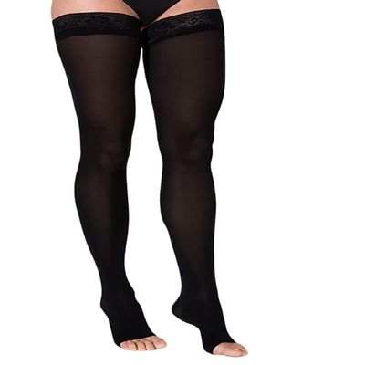 SIGVARIS Womens Style Soft Opaque 840 Open Toe Thigh-Highs w/Grip Top 15-20mmHg - Black - Medium Short