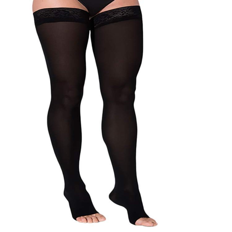 SIGVARIS Womens Style Soft Opaque 840 Open Toe Thigh-Highs w/Grip Top 15-20mmHg - Black - Medium Short
