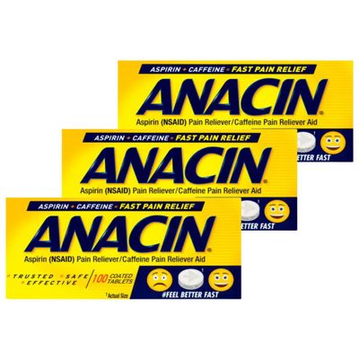 ANACIN Fast Pain Relief Pain Reducer Aspirin Tablets, 100 Tabs (Pack of 3)