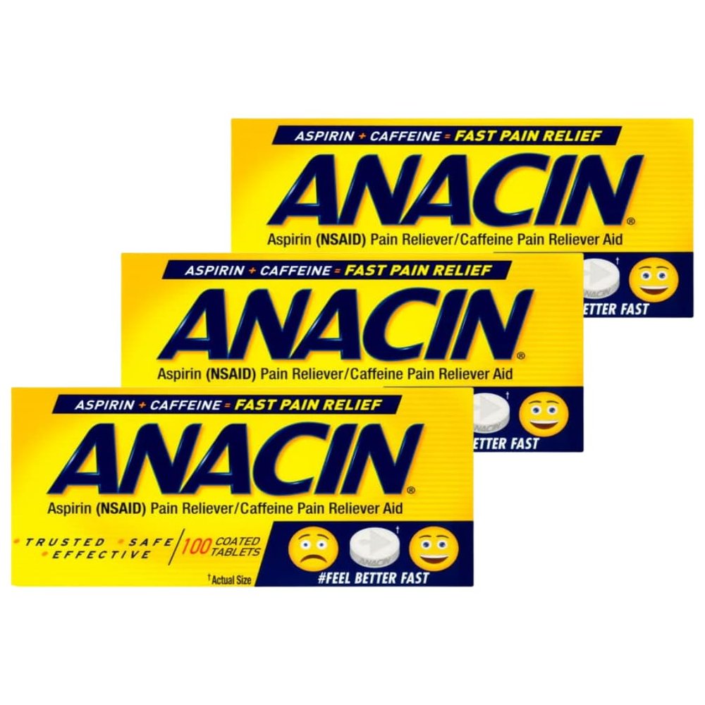 ANACIN Fast Pain Relief Pain Reducer Aspirin Tablets, 100 Tabs (Pack of 3)