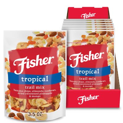 Fisher Snack Tropical Trail Mix, 3.5 oz (Pack of 6), Dried Banana Chips, Almonds, Cashews, Sweetened Pineapple and Mango, Snacks for Adults and Kids, Dried Fruit Snacks