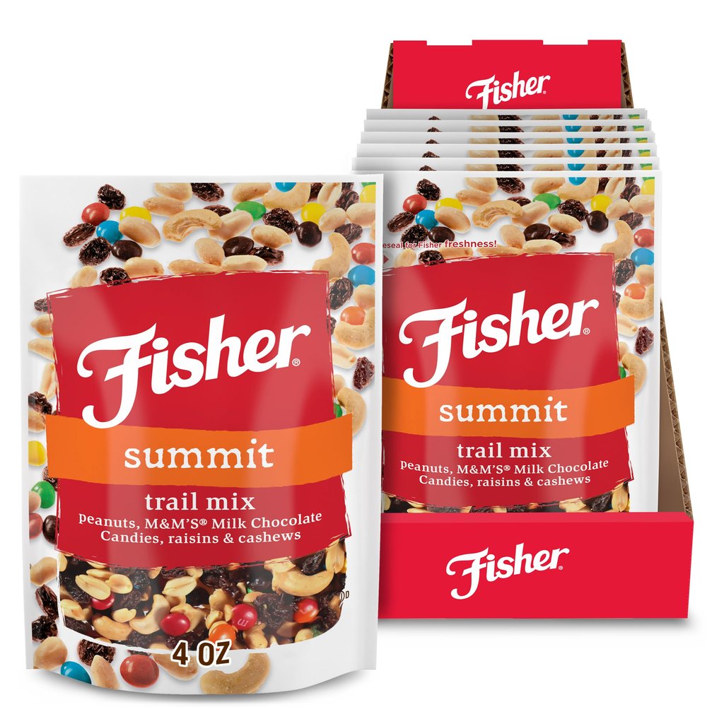 Fisher Snack Summit Trail Mix, 4 oz (Pack of 6), Peanuts, Milk Chocolate Candies, Raisins and Cashews, Snacks for Adults and Kids, Dried Fruit Snack, Trail Mix Individual Packs