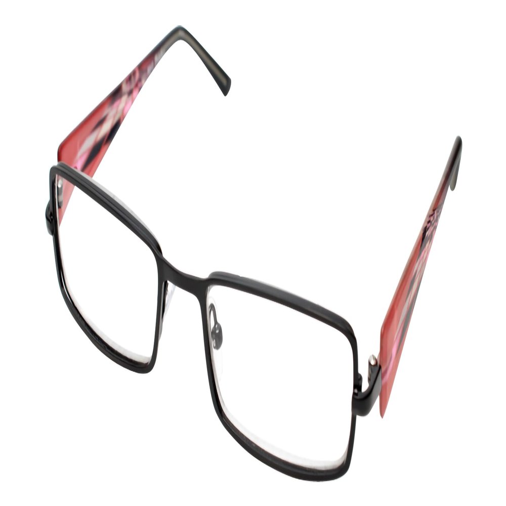 Calabria 845 Designer Women Rectangle Techno Reading Glasses with Hard Case 53mm in Black +0.75