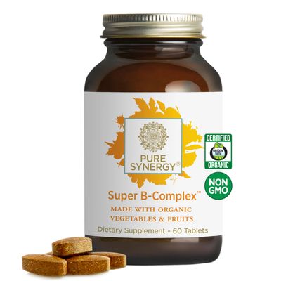 PURE SYNERGY Super B-Complex | Vitamin B Complex Made with Organic Whole Foods | Vegan Supplement with Natural Vitamin B12, Niacin, and Folate | for Energy, Focus and Mood Support (60 Tablets)
