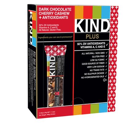KIND PLUS Gluten Free Bars, Dark Chocolate Cherry Cashew, 1.4 Ounce (Pack of 12)
