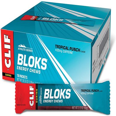 Clif BLOKS - Energy Chews - Tropical Punch with 25 mg Caffeine- Non-GMO - Plant Based Food - Fast Fuel for Cycling and Running -Workout Snack (2.1 Ounce Packet, 18 Count)