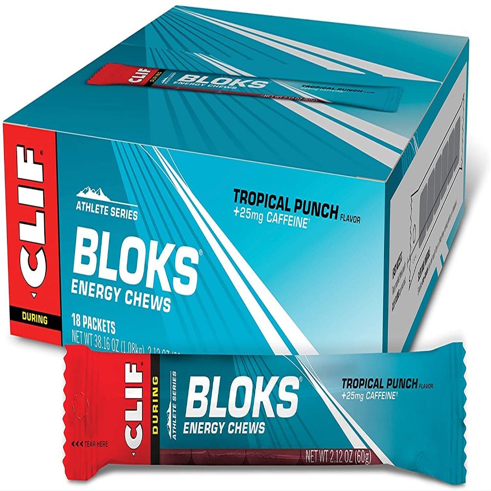 Clif BLOKS - Energy Chews - Tropical Punch with 25 mg Caffeine- Non-GMO - Plant Based Food - Fast Fuel for Cycling and Running -Workout Snack (2.1 Ounce Packet, 18 Count)