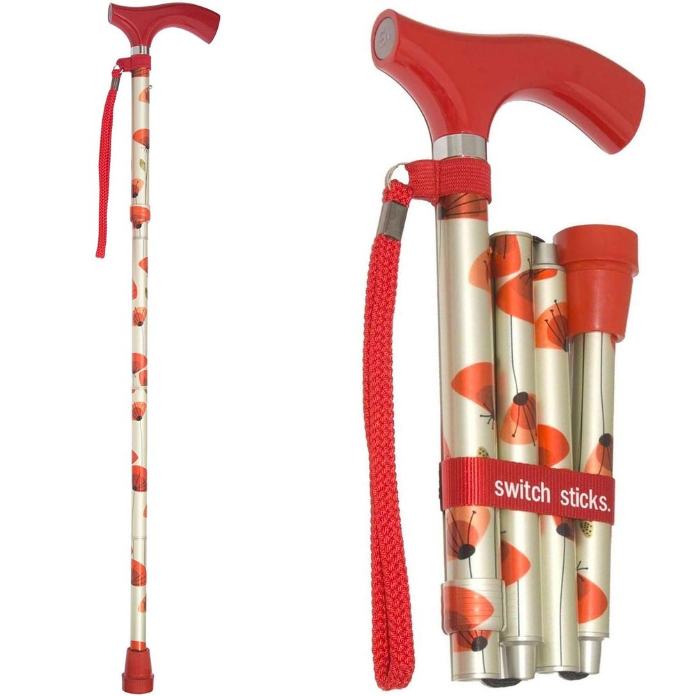 Switch Sticks Walking Cane for Men or Women, Foldable and Adjustable from 32-37 Inches, FSA and HSA Eligible, Poppies