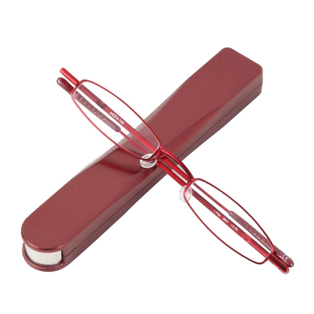 I-Mag Mini Slim Metal Spring Hinge Reading Glasses with Push Button Slide Open Hard Case (2.50, Red) Scratch Resistant Acrylic Lens Lightweight Stylish Durable Foldable Optical Glasses for Men & Women