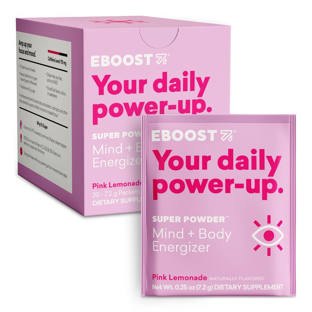 EBOOST Super Powder Drink Mix - Pink Lemonade 0.2 oz 20 Pack Hydration Energizer Electrolytes Powder - 13 Vitamins & Minerals - 110 mg Caffeine - 0 Added Sugar - No Artificial Flavors or Sweeteners