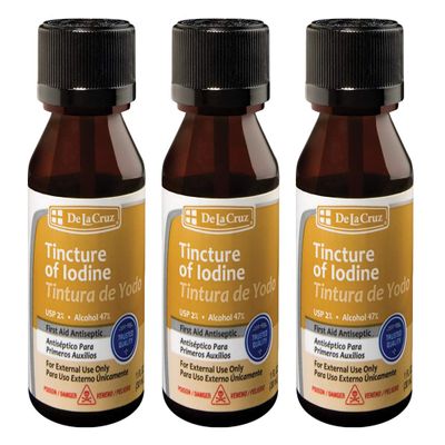 De La Cruz 2% Iodine First Aid Antiseptic, Made in USA 1 FL OZ (3 Bottles)