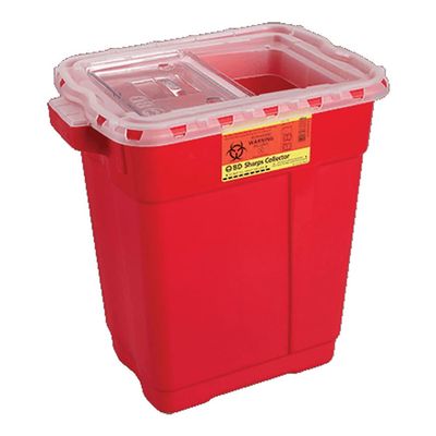 BD 305464 Multi-Use Nestable Sharps Collector with Pearl Regular Funnel Clear Top, 12-1/2" Width x 11-1/2" Height x 8-1/2" Depth, 14 Quart Capacity, Red Base/Natural Top (Case of 20)