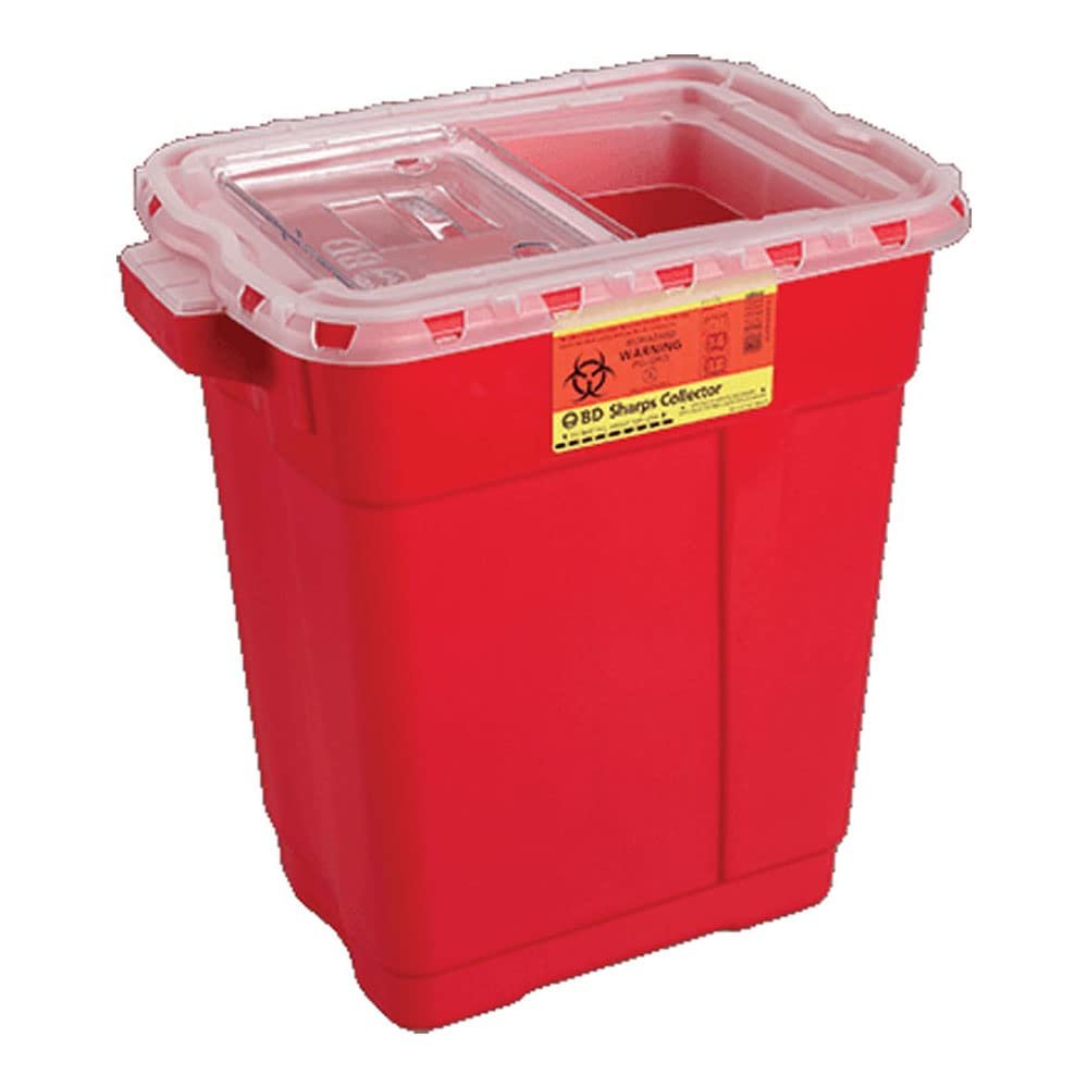 BD 305465 Multi-Use Nestable Sharps Collector with Large Funnel Clear Top, 12-1/2" Width x 17-1/2" Height x 8-1/2" Depth, 6 Gallon Capacity, Red Base/Natural Top (Case of 12)