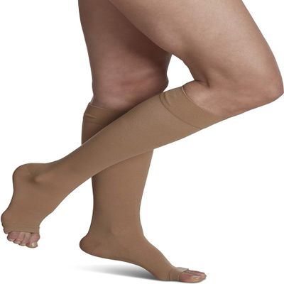 SIGVARIS Mens & Womens Essential Opaque 860 Open Toe Calf-High Socks 30-40mmHg - Large Long - light beige (crispa)