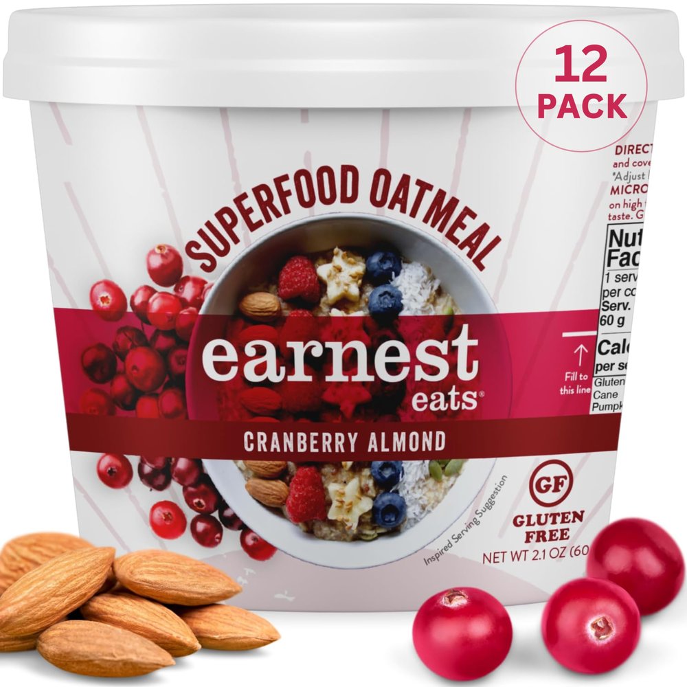 Earnest Eats Superfood Oatmeal Cups - Cranberry Almond Flax 7g Plant Protein, Gluten Free, Vegan, On-the-Go Breakfast, 2.1 Ounces Each (12 Pack)