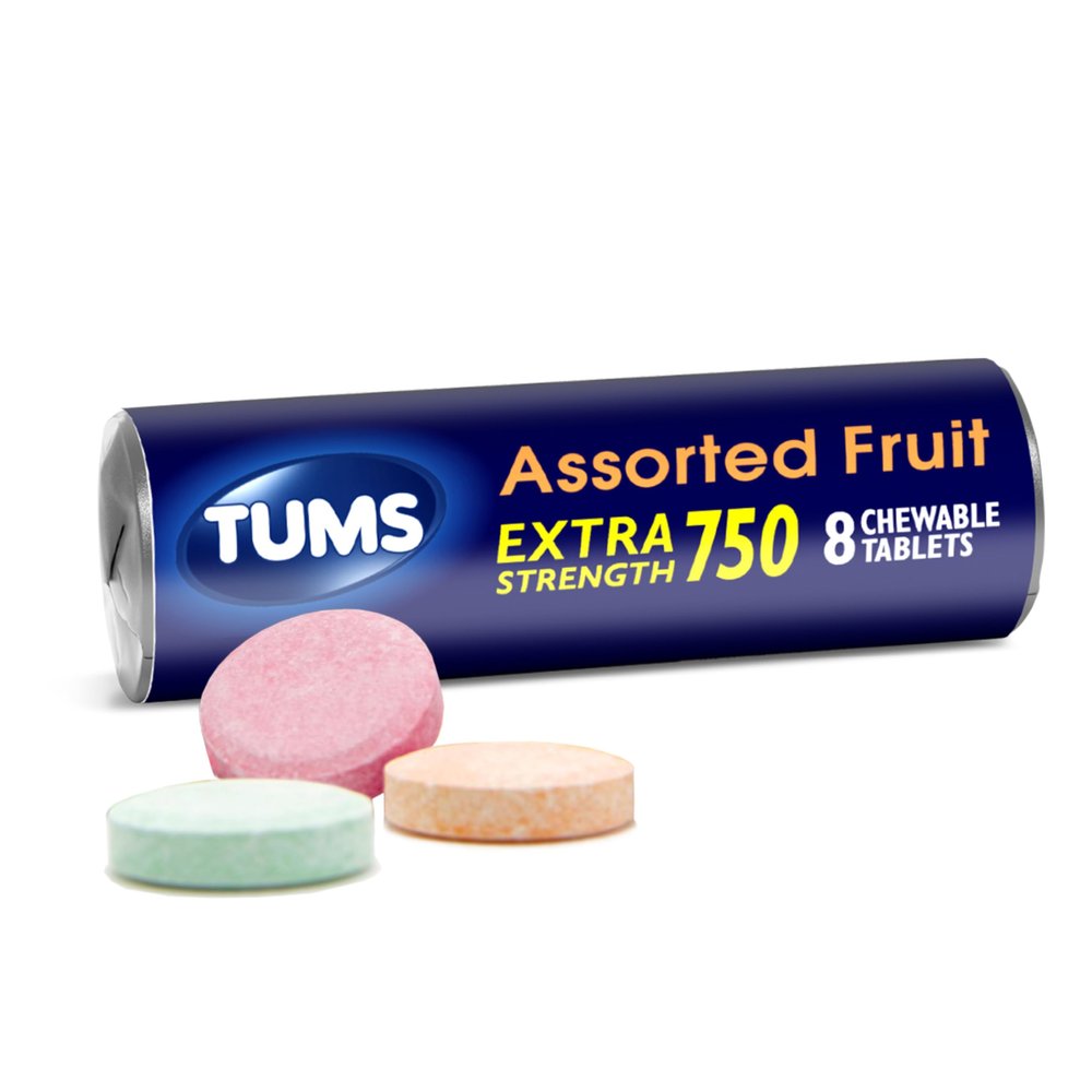 TUMS Extra Strength Antacid Tablets for Chewable Heartburn Relief and Acid Indigestion Relief, Assorted Fruit Flavors - 8 Count Roll