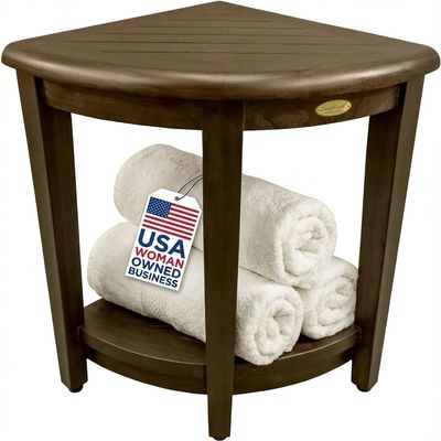 DecoTeak Snazzy Corner Waterproof Teak Wood Shower Bench Stool Seat Chair For Inside Shower Provides Safety, Storage, and Organization For Bathroom Accessories Brown
