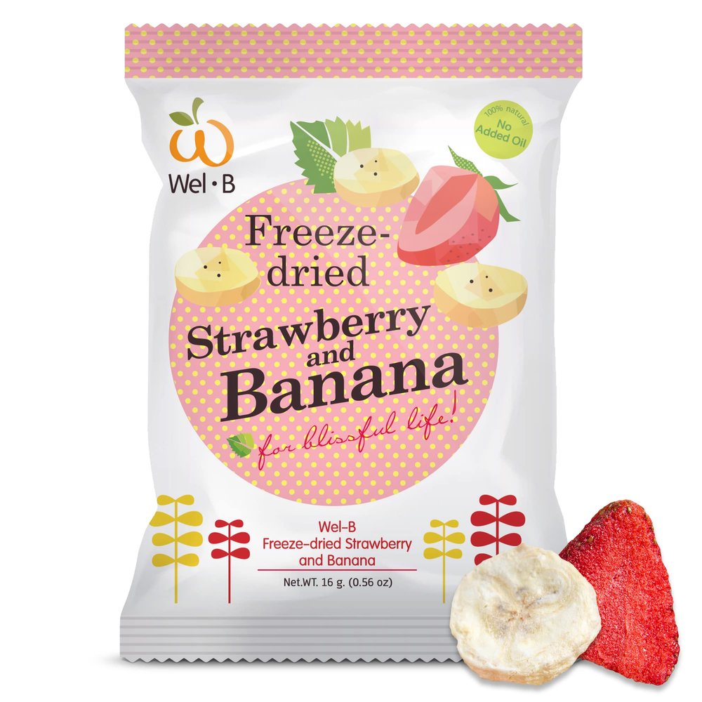 Wel-B Freeze Dried Fruit Snacks, Fresh Strawberries and Bananas Freeze Dried to a Healthy, Crispy Texture While Retaining Natural Flavor and Nutrition, No Added Sugar or Preservatives (6 Bags, 16g Each)