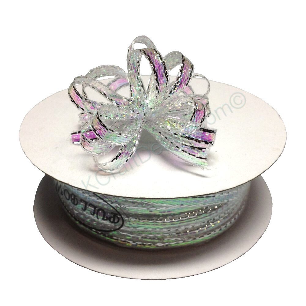 1/8" Iridescent Silver 50 Yards Organza Nylon Iridescent Center with String Pull up Ribbon Bow