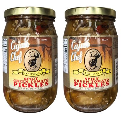 Cajun Chef Spicy Green Tomato Pickles 16oz (Pack of 2) - Tangy and Delicious Side Dish - Perfect Garnish for Any Meal - Fried Green Tomatoes, Salads, Stews, Pizza Topping,