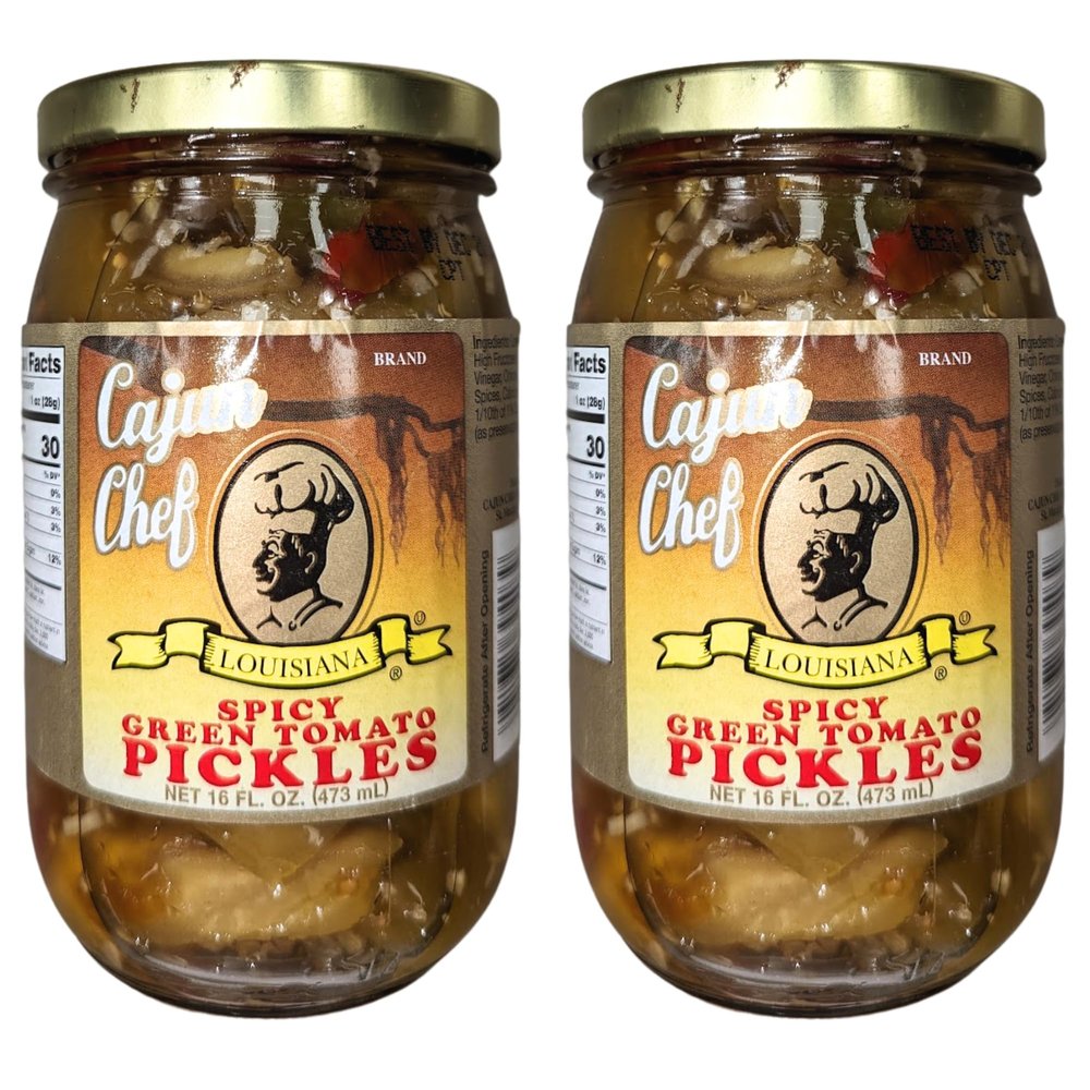 Cajun Chef Spicy Green Tomato Pickles 16oz (Pack of 2) - Tangy and Delicious Side Dish - Perfect Garnish for Any Meal - Fried Green Tomatoes, Salads, Stews, Pizza Topping,