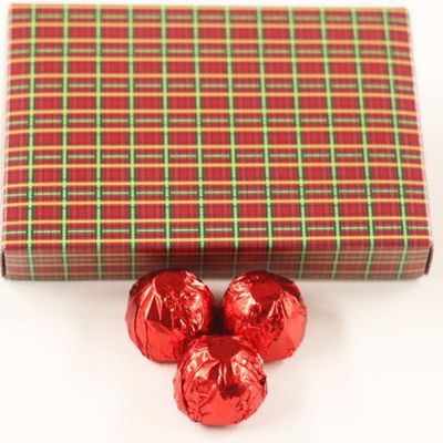 Scott's Cakes Dark Chocolate Raspberry Cream Filling Candies with Red Foils in a 1 Pound Christmas Plaid Box