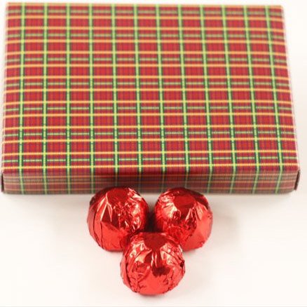 Scott's Cakes Dark Chocolate Raspberry Cream Filling Candies with Red Foils in a 1 Pound Christmas Plaid Box