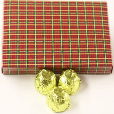 Scott's Cakes Milk Chocolate Chocolate Cream Filling Candies with Chartreuse Foils in a 1 Pound Christmas Plaid Box