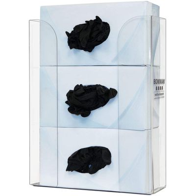 Glove Box Dispenser; Triple; Holds Three Boxes Horizontally; Solid Back; Vertical Wall mounting; Clear PETG Plastic; Made in The USA