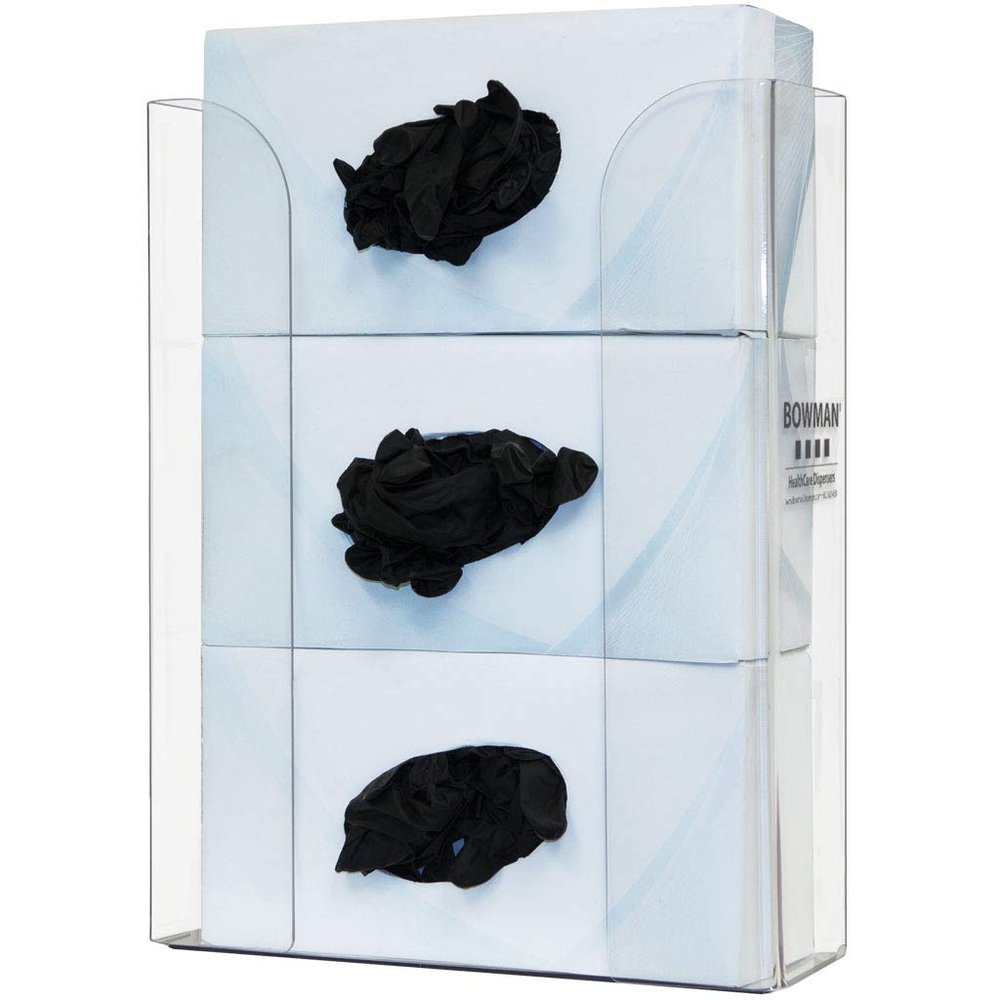 Glove Box Dispenser; Triple; Holds Three Boxes Horizontally; Solid Back; Vertical Wall mounting; Clear PETG Plastic; Made in The USA