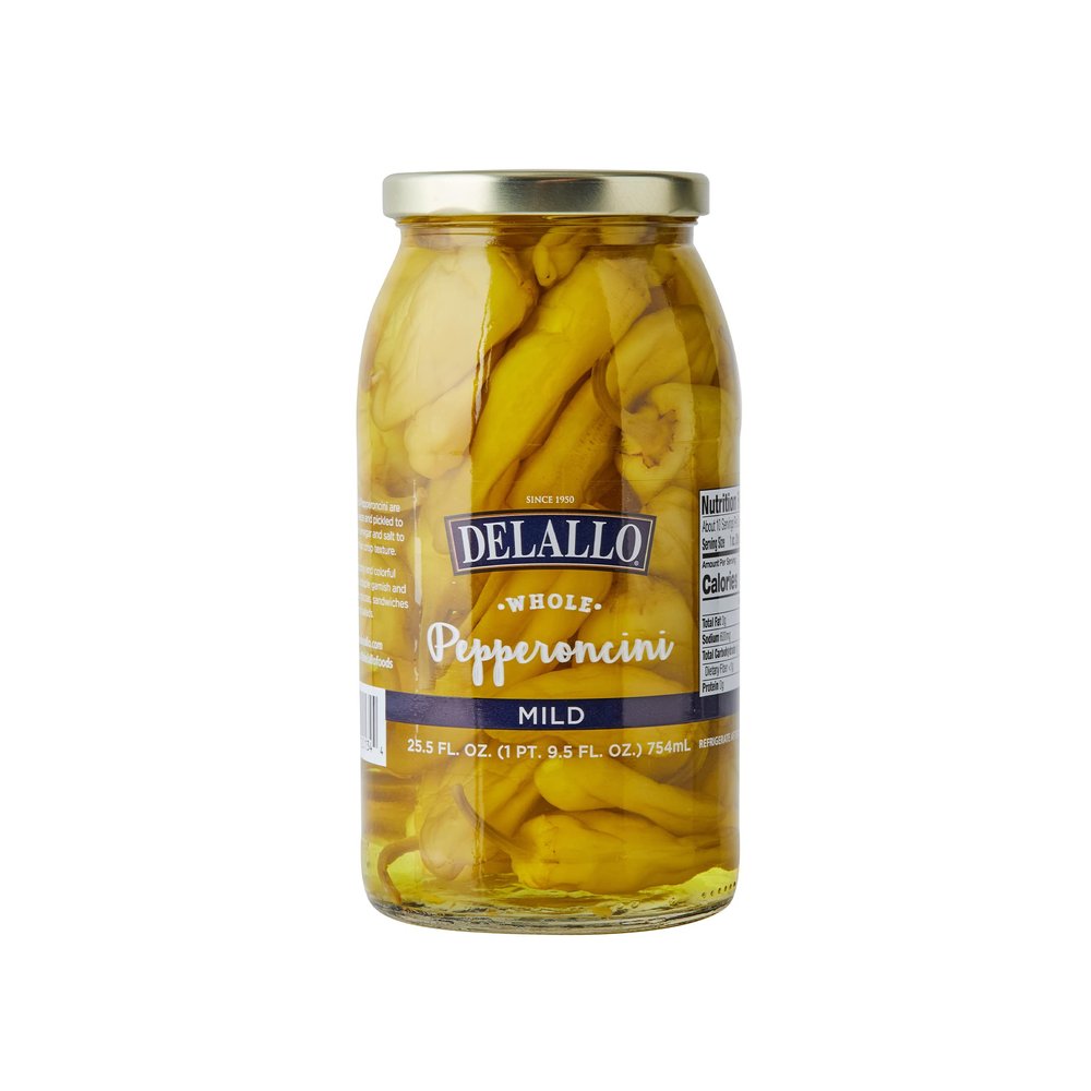 DeLallo Mild Pepperoncini Peppers, 25.5 Ounce Jar 12 Pack, Whole Yellow Pickled Peppers Grown in Greece, 100% Cured, Non-GMO, Packed Fresh