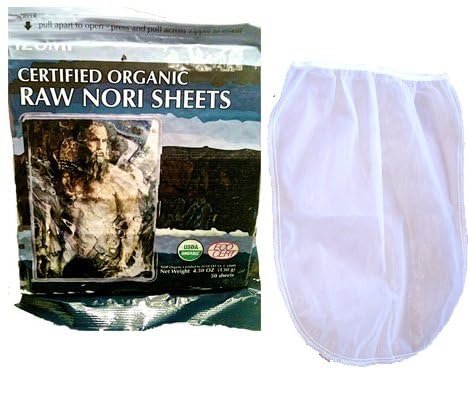 Raw Organic Nori Sheets 100 qty + Nut Milk Bag - COMBO - Certified Vegan, Raw, Kosher Sushi Wrap Papers - Premium Unheated, Un Cooked, untoasted, dried - RAWFOOD