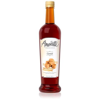 Amoretti - Caramel Gourmet Syrup 750 ml, Flavor Coffees, Teas, Cocktails, & other Beverages, and Drizzle on Desserts, Gluten Free, GMO/GEO Free, Preservative Free, 94 Servings Per Bottle