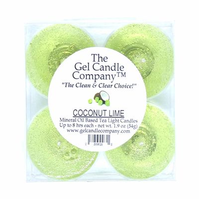 4 Pack of Coconut Lime Scented Gel Candle Mineral Oil Based Tea Lights Hand Poured in USA by The Gel Candle Company - up to 8 Hours Each