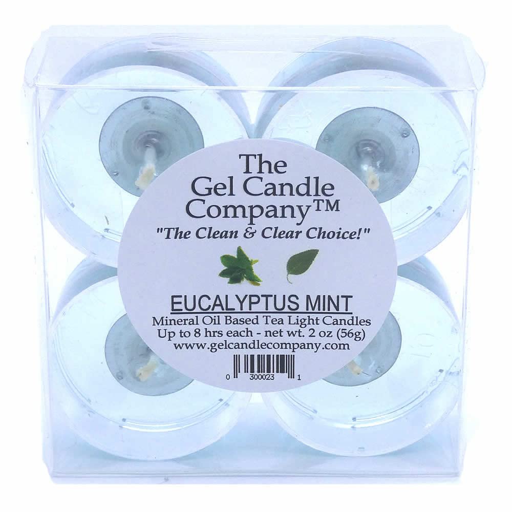 4 Pack of Eucalyptus Mint Scented Gel Candle Mineral Oil Based Tea Lights Hand Poured in USA by The Gel Candle Company - up to 8 Hours Each